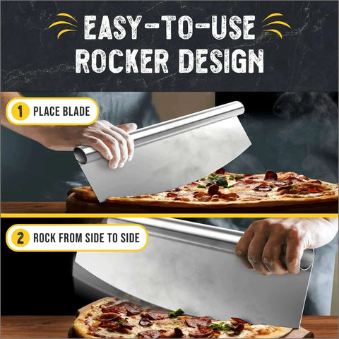14 Inch Pizza Cutter Rocker Blade Heavy Duty Stainless Steel With Safe Plastic Sheath shown cutting pizza on a wooden board