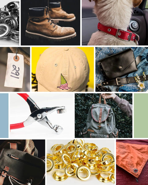 Mixed collage of leather products, dog collar, hat, handbags, shoes, backpack, grommets, and 150 Piece Grommet And Eyelet Kit with included tools.