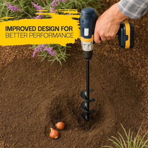 Person using Garden Auger Drill Bit For Planting One Point Six By Sixteen Point Five Inch With Three Eighth Inch Hex Drive Fits Standard Drills Post Hole Digger For Umbrellas And Fences Spiral Bulb Planter Tool in soil