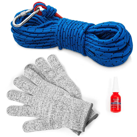 Underwater Treasure Hunting Magnet Fishing Kit With Case And Dual Strength Magnets 880Lb Double Sided And 550Lb Single Sided Includes Rope Carabiner Threadlocker And Gloves For The Real Magnet Fishing Crew showing blue rope, carabiner, grey gloves, and threadlocker