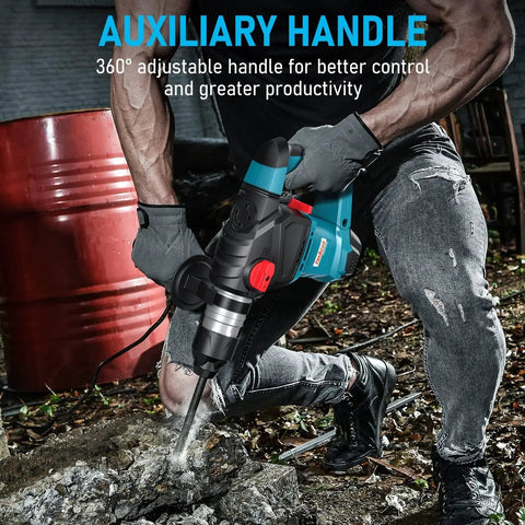 Heavy Duty One And A Quarter Inch SDS Plus Rotary Hammer Drill With 12.5 Amp Motor in use on concrete, auxiliary handle visible