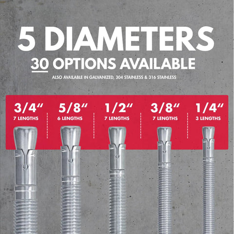 Various diameters of heavy duty wedge anchors including 3/4 inch for concrete and cement, zinc plated options visible.