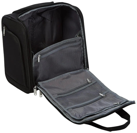 Underseat Carry On Luggage With Smooth Wheels And Sturdy Handle 14 Inch Rolling Travel Bag Black with open pockets view