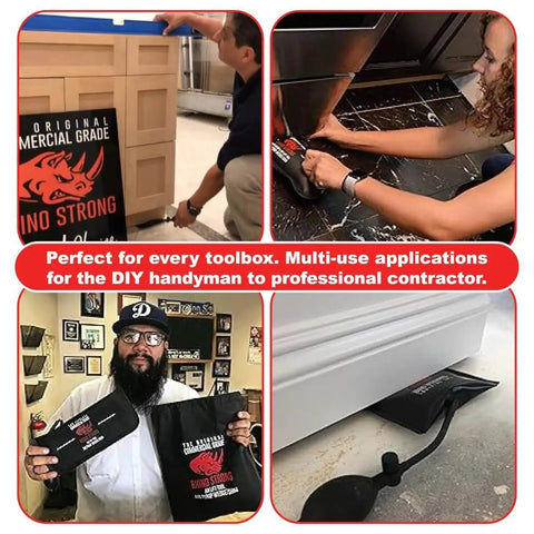 Heavy Duty Commercial Grade Air Wedge Bag 2.0 Pump Leveling Kit and Alignment Tool Shim Bag 2 Pack Medium Size for Non Marking Air Lift Use in Windows Doors Cabinets Appliances HVAC and Plumbing Includes 2 Pry Tools and Tote Bags shown in various uses and hands holding the product and kit bag.