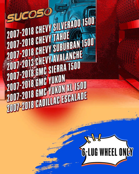 Image showing compatible vehicles list for 2007-2018 models with 6-lug wheel only, including Chevy Silverado and GMC Sierra.