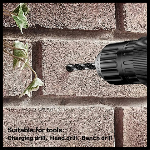 Drill in action with 10-Piece Masonry Drill Bit Set for Concrete Tile Glass Ceramic Brick 1 Eighth to 1 Half Inch Heavy Duty Tungsten Carbide Alloy Tip with Triangle Handle and U Type Slot Design Black