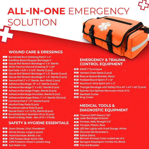 Visible contents of Fully Stocked EMT Trauma Bag That Is Grab And Go Ready For Any Emergency Tactical First Responder Medical Kit In Orange