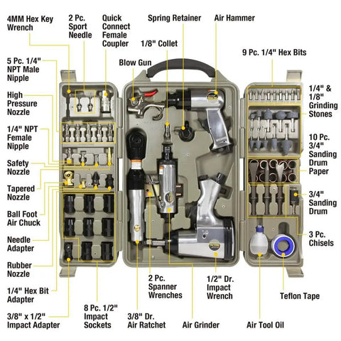 Beefed-Up 71-Piece Pneumatic Air Tool Kit With 1/2 Inch Impact Wrench, 3/8 Inch Ratchet, air hammer, die grinder in storage case