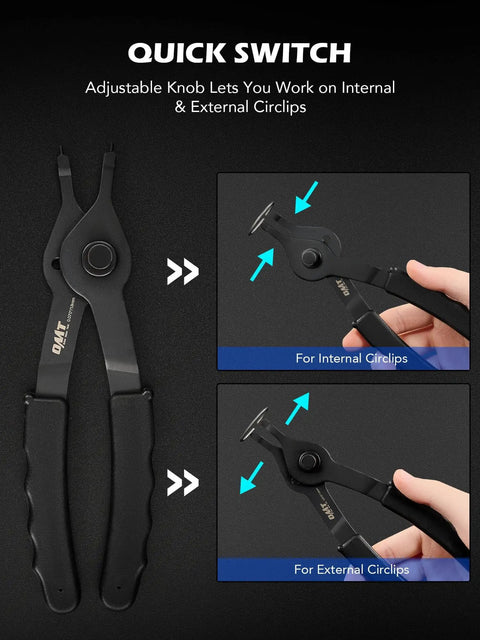 10 Piece Snap Ring Pliers Set For Internal And External Circlips with straight and bent pliers in use demonstration