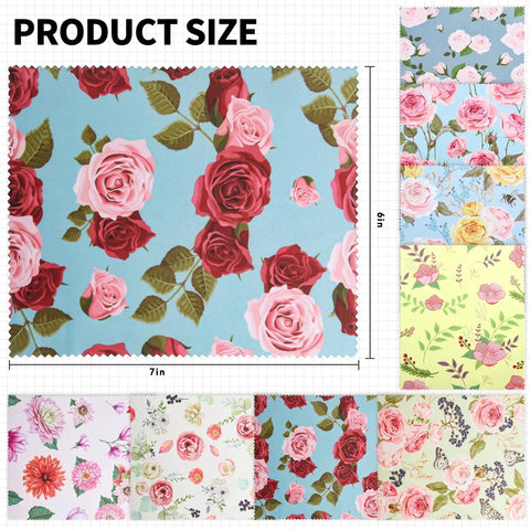 Microfiber Cleaning Cloths 6x7 Inches Multicolor Flower Pattern For Eyeglasses, 8-pack, showing various floral designs and size dimensions.