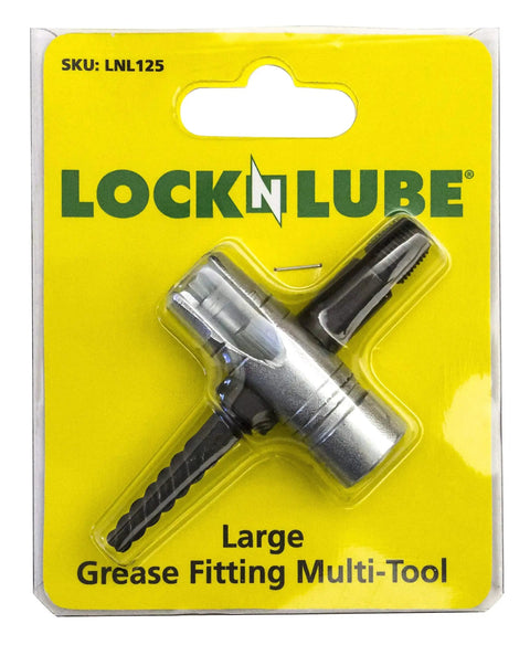 Grease Fitting Multi Tool For Easy Install And Extraction, Large Size, LockNLube Compatible in retail packaging on yellow background.