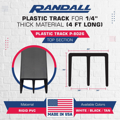 Image of Randall plastic track for 1/4 inch thick material, 4 foot long, top section. Made in USA. Available in white, black, tan.