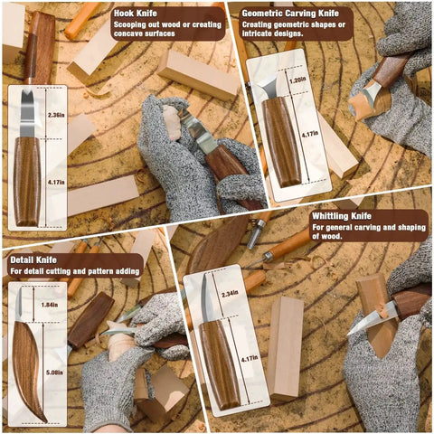 23 Piece Wood Carving Set For DIYers With 4 Large Knives 5 Detail Knives 9 Basswood Blocks Polishing Compound Leather Strop Gloves And Instruction Manual Portable Case For Beginners And Pros, featuring knives and wood blocks.