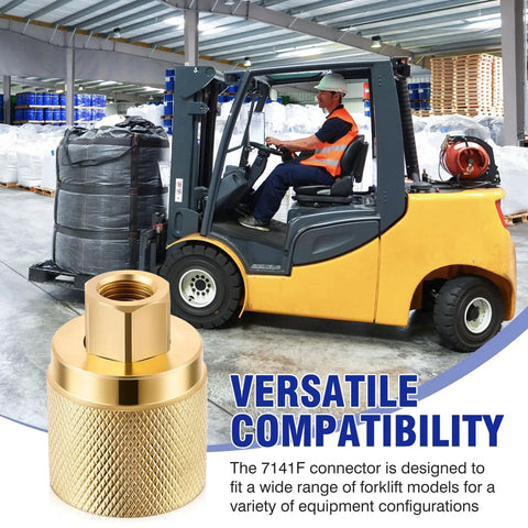 Forklift Propane Tank Connector 1-1/4 Inlet To 1/4 NPT Outlet 4 O Rings 2 Pack shown with a forklift in a warehouse