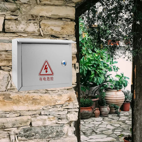 Weatherproof Outdoor Electrical Junction Box 300x400x160mm installed on stone wall, heavy duty iron enclosure for power control.