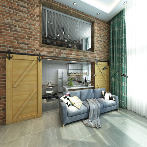 Rustic Black Non Bypass Sliding Barn Door Hardware Kit For Two Doors 9 Ft Flat Track with hardwood doors installed in a living room