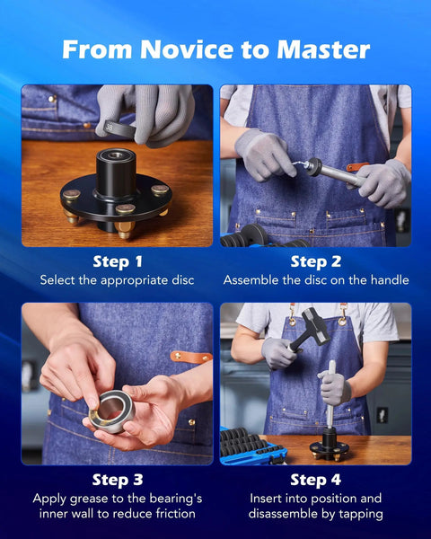 Instructions for using 52-In-1 Universal Bushing Driver Kit With 50 Interchangeable Discs For Bearing Race And Seal Installer