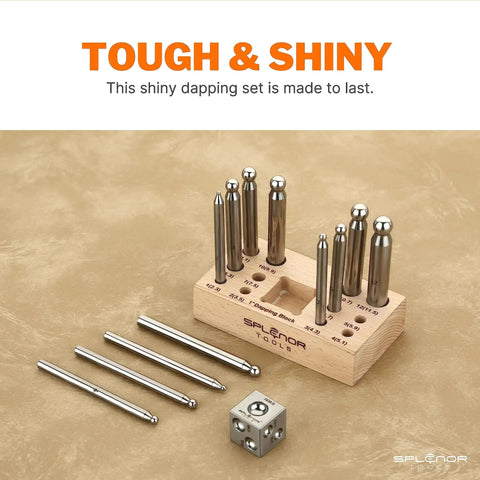 1 Inch Square Dapping Block With 12 Dapping Punches Set For Jewelry Making displayed on wooden stand
