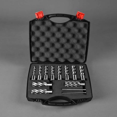 Heavy Duty 13 Piece Annular Cutter Set for Drill Press With Weldon Shank 3/4 Inch shown in open case with foam padding