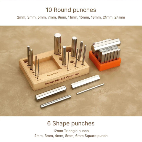 Steel 2.5 Inch Swage Block With 16 Punch Set for jewelry making on wooden stand and rubber base.