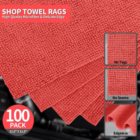 Bulk 100 Pack Microfiber Shop Towels 11.5 By 11.5 Inches Red Lint Free Non Scratch Paint Safe Cleaning Rags For Cars Garage Home And Mechanic Work For Detailing Projects, showcasing red microfiber texture and edgeless design