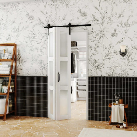 3 Lite Glass Bi Fold Barn Doors, 30 By 84 Inch Slab With 2.83 Ft Sliding Hardware Kit installed in bathroom, solid MDF.