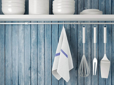 Soft Cotton Blend White Bar Mops For Restaurants And Kitchens 36 Pack With Blue Stripe 84 Percent Cotton 16 Percent Polyester