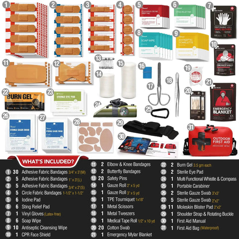 Contents of Waterproof 152 Piece First Aid Kit in red dry bag, showing bandages, burn gel, and emergency blanket for outdoor use.