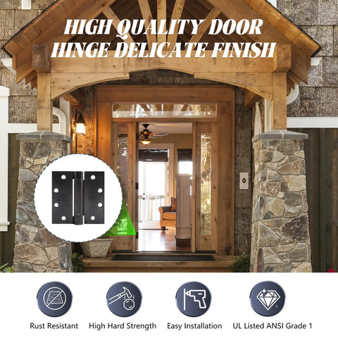 Entrance with high quality door hinge displayed alongside features of rust resistance and easy installation.