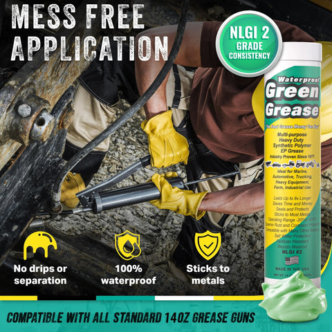 Green Grease 14oz tube for grease guns, NLGI 2 lithium, waterproof marine-grade bearing lubricant.