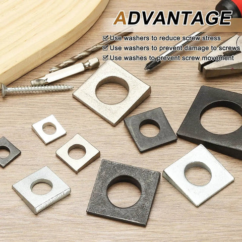 Beveled Square Washer Set 4 Pack for M18 Bolts with 20x40 mm Inner Diameter and 40 mm Width 3 mm Thick 9.7 mm High 304 Stainless Steel Structural Bearing Plate Leveling Shim Gasket Silver PATIKIL displayed on a wooden surface with screws and drill bits.