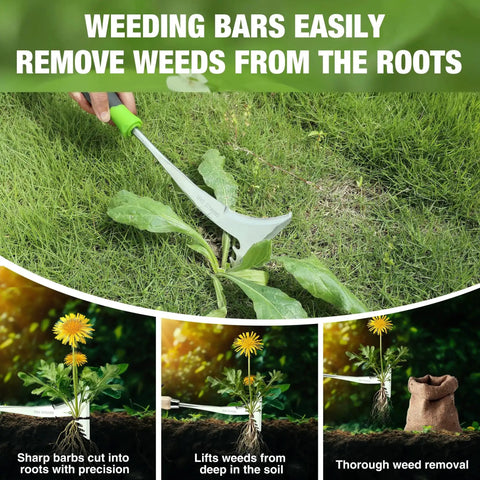 Crack Weeder With L Shaped Blade And Soft Grip Stainless Steel Handle For Effortless Root Pulling And Removal shown in grass.