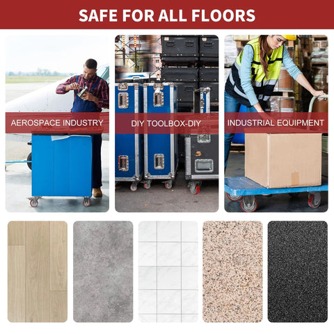 Image shows 3 Inch Heavy Duty Swivel Caster Wheels with Brakes moving aerospace equipment, DIY toolboxes, and industrial boxes on various floors.