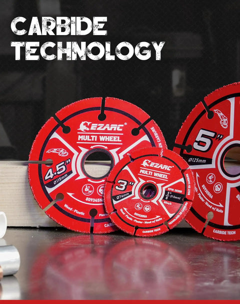 3 Inch Carbide Cut Off Wheels Set For Angle Grinders, High Wear Resistant Cutting Discs For Wood With Nails, Laminate, Plastic And Plaster, Quick Cutting Efficiency Up To 2x, Durable 2 Pack By EZARC on display, showcasing multiple sizes and carbide technology.
