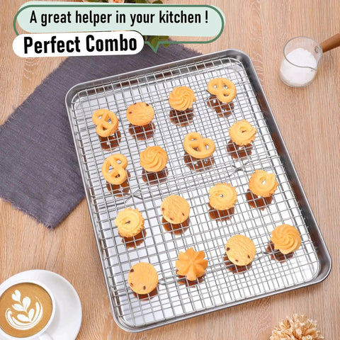 Stainless Steel Baking Sheet With Wire Rack Set 16 Inch By 12 Inch Pan And Cooling Rack with cookies, uncoated design
