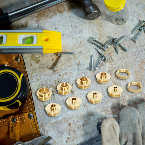 Brass Router Template Guides Bushing Set for Porter-Cable Style, 10-Piece tools and accessories on a workshop table