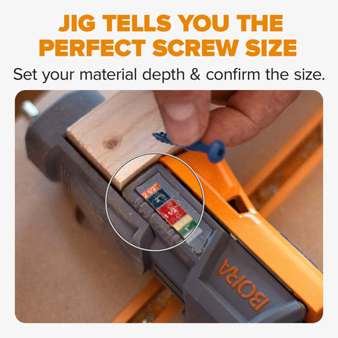 Pro Compact Pocket Hole Jig Kit With Auto Adjusting Drill Guide showing screw size indicator and self-calibrating feature.
