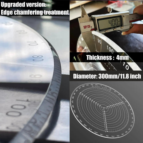 Image of Largest 12 Inch Diameter Center Finder Compass For Woodturners And Lathe Pros, showing thickness of 4mm and ruler markings for accurate measurements.