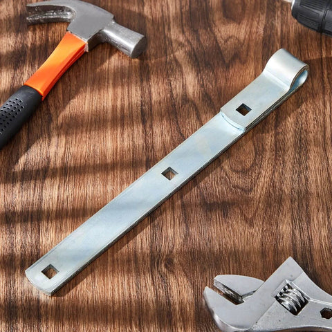 4 Pack 12 Inch Zinc Strap Hinges For Gates, Tool Sheds, Barn Doors And Other Swing Entrances on wooden surface with tools