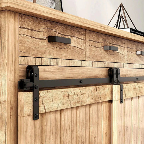Side view of Bypass Mini Barn Door Hardware Kit With Double Sliding Rollers In Black Powder Coat installed on wooden cabinet.