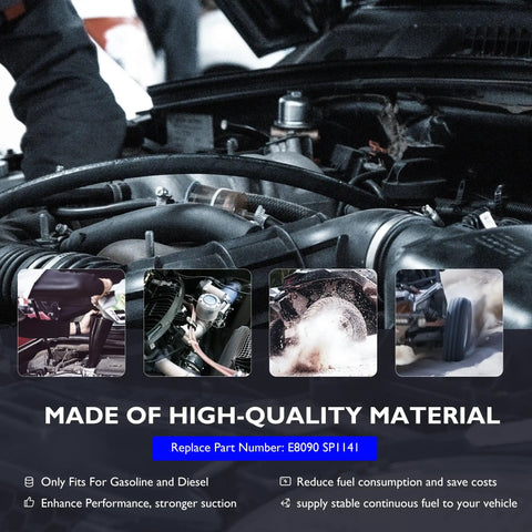 Car engine bay with captions about Inline 12 Volt Electric Fuel Pump For Carbureted Engines Low Pressure 5 to 9 PSI E8090 SP1141.