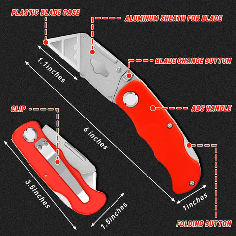 Red non-slip 4 Pack Folding Utility Knife Box Cutter With Extra Blades Self Locking, showing dimensions and features.