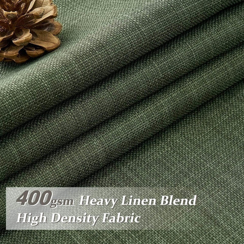 Folded olive green fabric detail from Dual Layer Linen Blackout Curtains 96 Inch Long 2 Panels For Living Room Olive Green Insulated Farmhouse Style Drapes With Track System Memory Trained Pinch Pleated For Lasting Shape And Privacy Room Darkening Thermal Insulation.