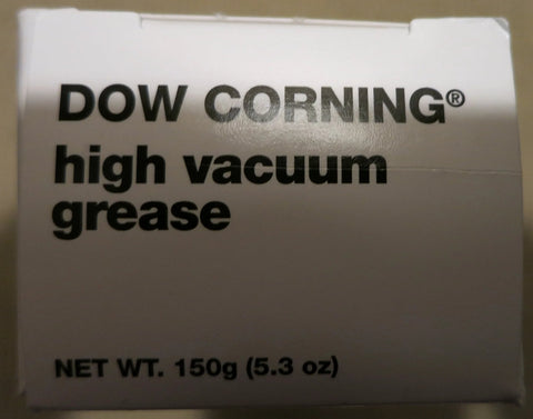 Dow Corning high vacuum grease box label, white with bold black text, 150 g (5.3 oz) net weight