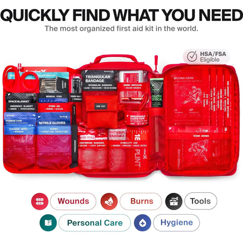 Large first aid kit for car travel and home with zip stitch wound closure strips, open view showing medical supplies for hiking and camping.