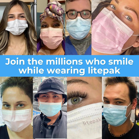 Collage of people wearing Litepak face masks in various colors with promotional text in the center.