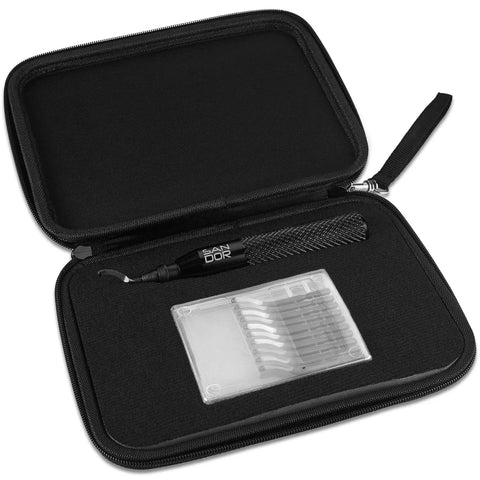 Pro Grade Deburring Tool With Blade Rotary Shaft And Ten High Speed Steel Burr Blades Plus Zipper Storage Case shown open with contents