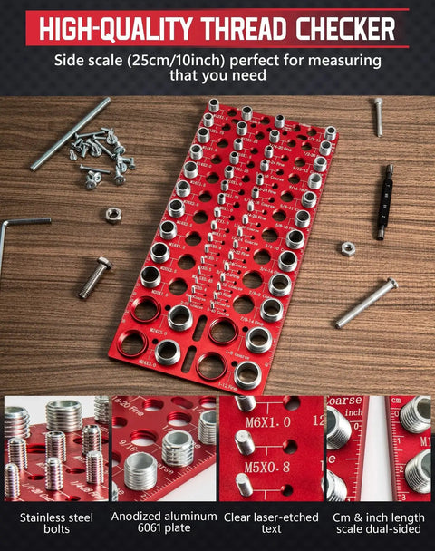 56 Thread Checker for Standard and Metric Bolts, 30 SAE and 26 Metric Size Thread Gauge with Inch and CM Ruler, Wall Mount