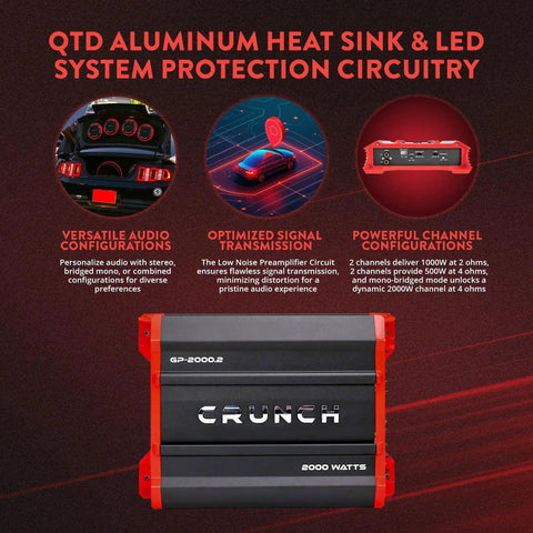 GP2000 2000W 2 Channel Car Amplifier with QTD aluminum heat sink and LED system protection circuitry