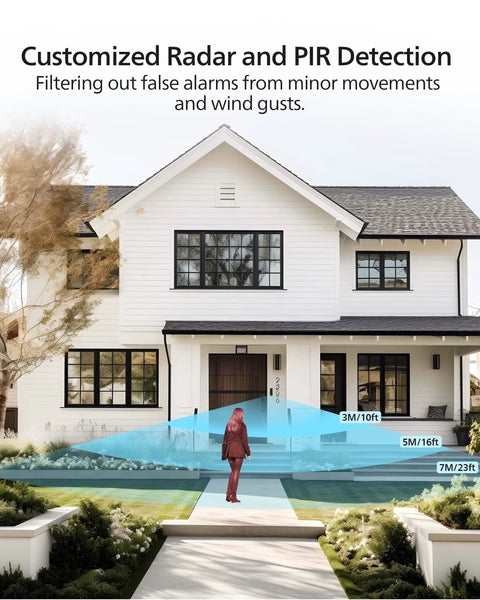 Front view of house with graphical overlay showing Dual Cameras 2K QHD Video Doorbell With Motion Detection range.